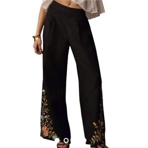 789 NWT Ranna Gill Floral Embroidered Linen Pants Size Large